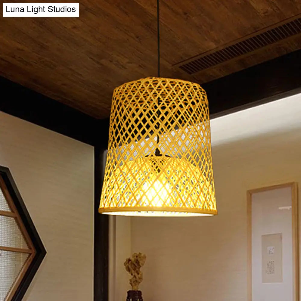 Asia Bamboo Barrel Pendant Lamp - Single Beige Shade For Table