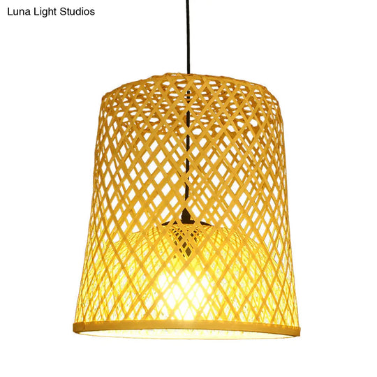 Asia Bamboo Barrel Pendant Lamp - Single Beige Shade For Table