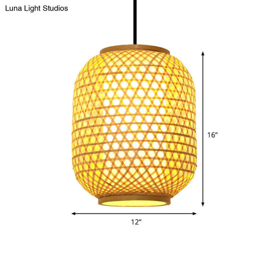 16/19.5 Asian Lantern Pendant Light In Beige - Bamboo Ceiling Fixture With 1 Perfect For Dining Room