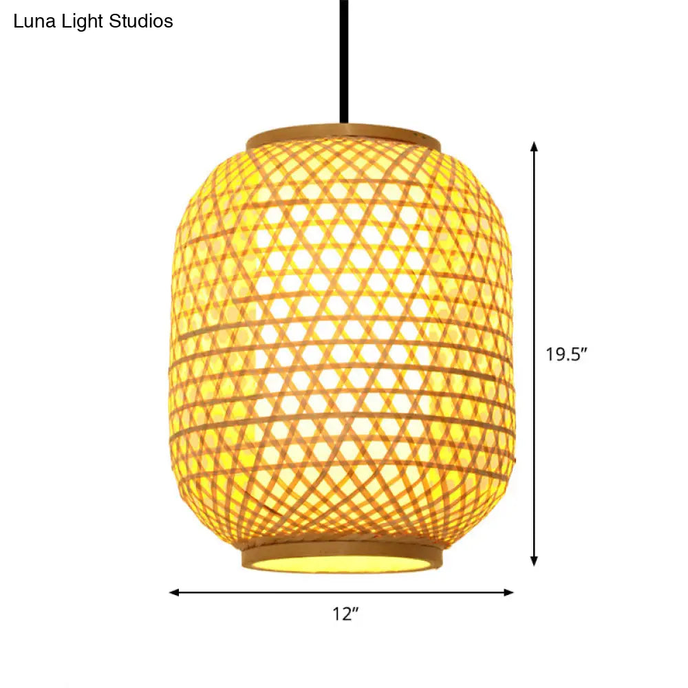 16/19.5 Asian Lantern Pendant Light In Beige - Bamboo Ceiling Fixture With 1 Perfect For Dining Room