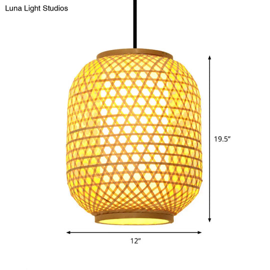 16/19.5 Asian Lantern Pendant Light In Beige - Bamboo Ceiling Fixture With 1 Perfect For Dining Room