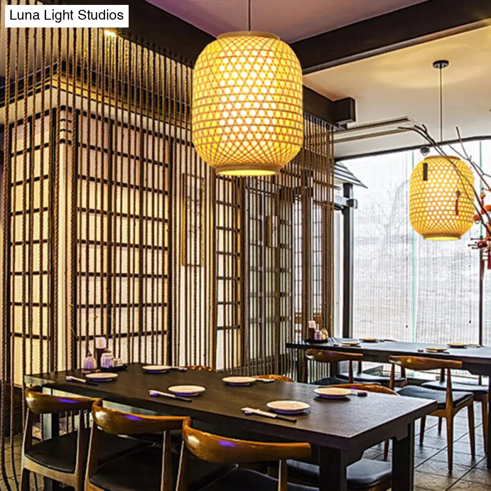 16/19.5 Asian Lantern Pendant Light In Beige - Bamboo Ceiling Fixture With 1 Perfect For Dining Room