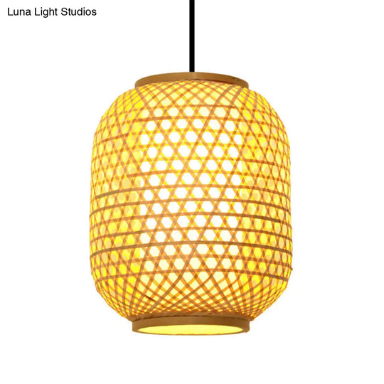 16/19.5 Asian Lantern Pendant Light In Beige - Bamboo Ceiling Fixture With 1 Perfect For Dining Room