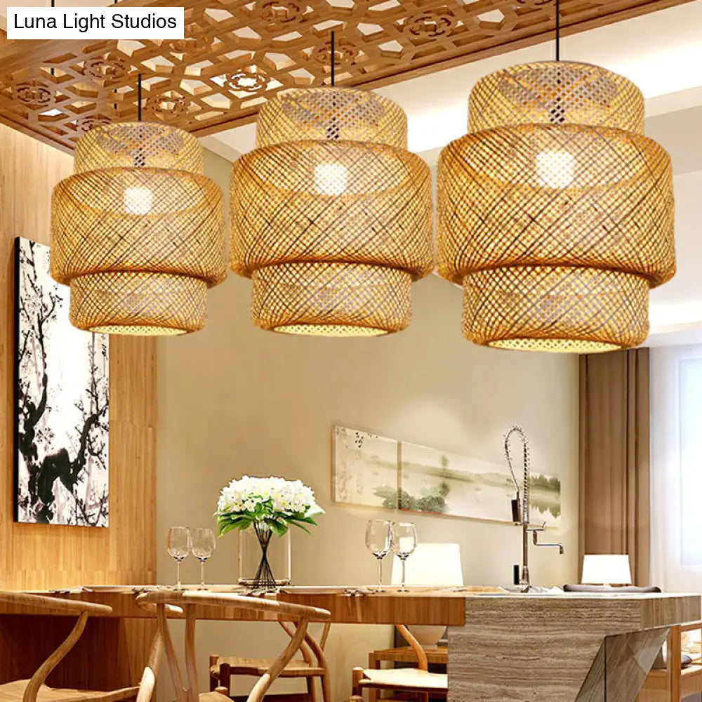 Asia Bamboo Lantern Ceiling Pendant Light - 1-Light Beige Lamp For Corridor