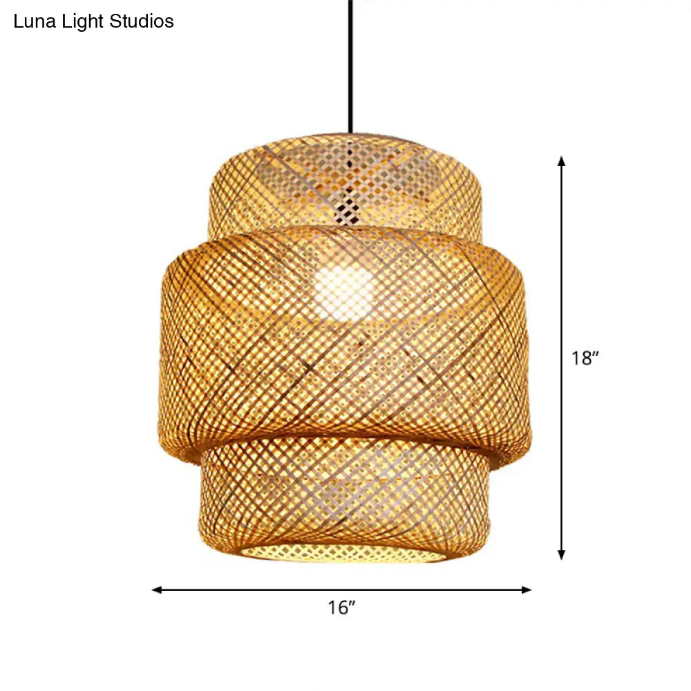 Asia Bamboo Lantern Ceiling Pendant Light - 1-Light Beige Lamp For Corridor