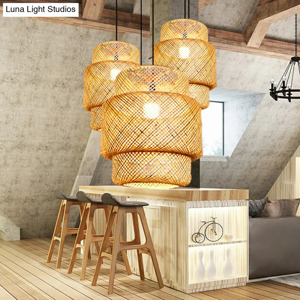 Asia Bamboo Lantern Ceiling Pendant Light - 1-Light Beige Lamp For Corridor