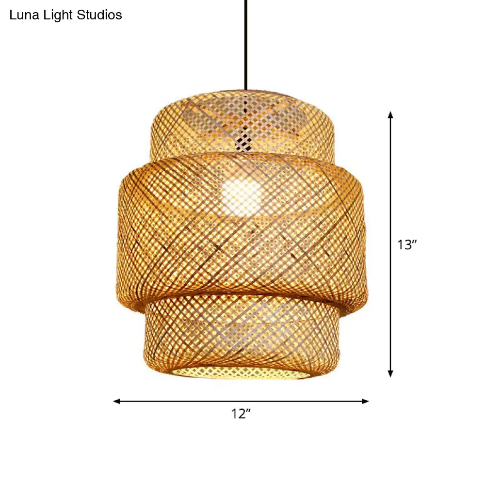 Asia Bamboo Lantern Ceiling Pendant Light - 1-Light Beige Lamp For Corridor