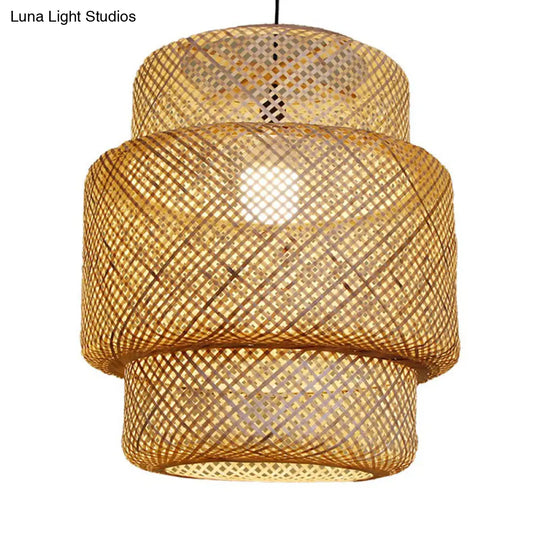 Asia Bamboo Lantern Ceiling Pendant Light - 1-Light Beige Lamp For Corridor