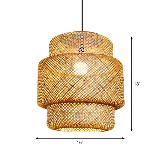 Asia Bamboo Lantern Ceiling Pendant Light - 1-Light Beige Lamp For Corridor / Medium