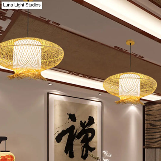 Asia Bamboo Oval Pendant Lamp - Khaki Ceiling Hanging Light With White Inner Cylinder Shade