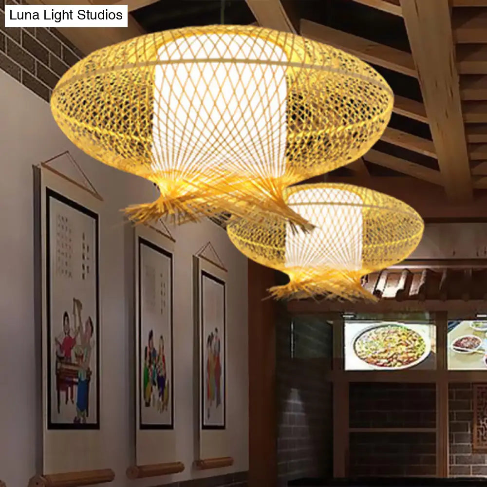 Asia Bamboo Oval Pendant Lamp - Khaki Ceiling Hanging Light With White Inner Cylinder Shade