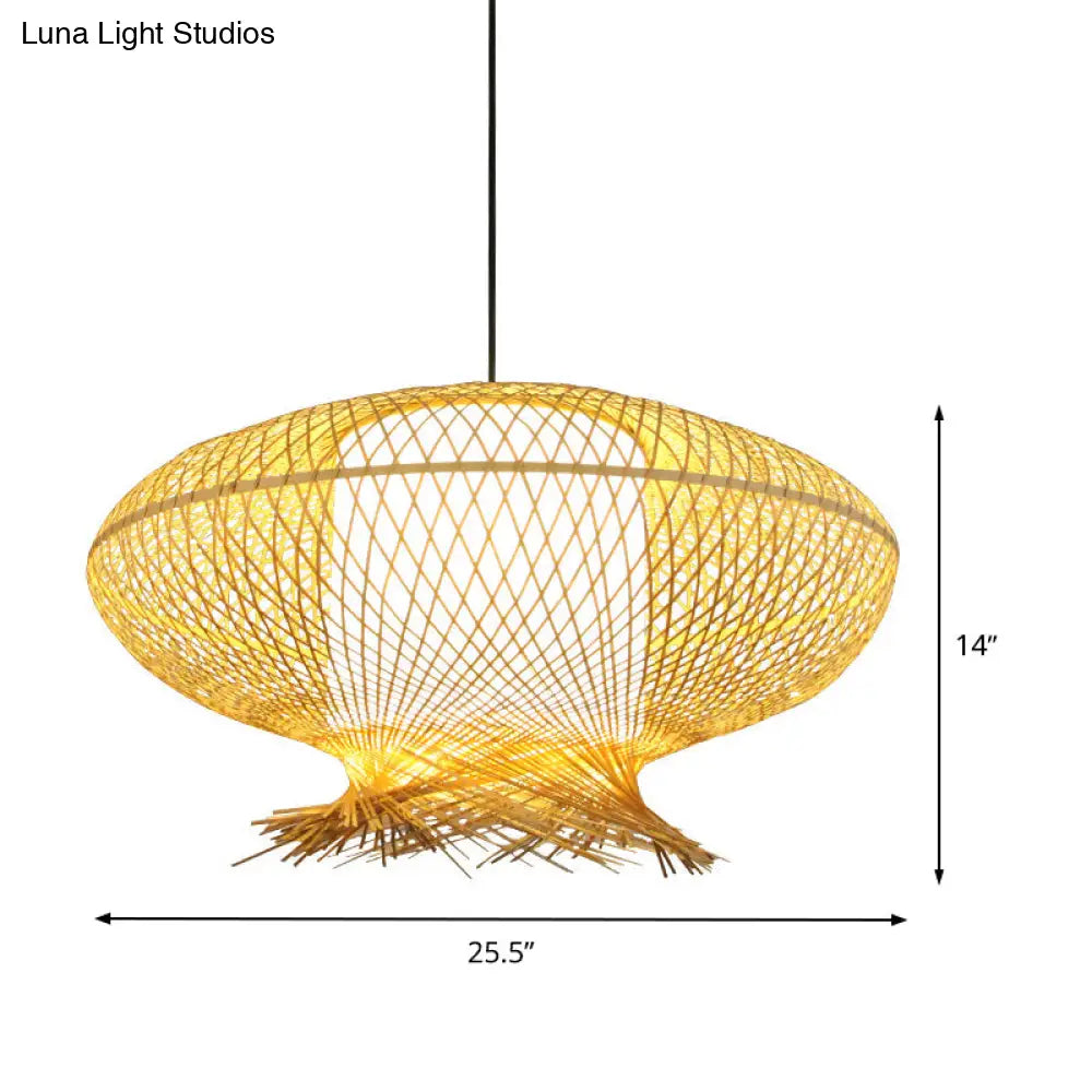 Asia Bamboo Oval Pendant Lamp - Khaki Ceiling Hanging Light With White Inner Cylinder Shade