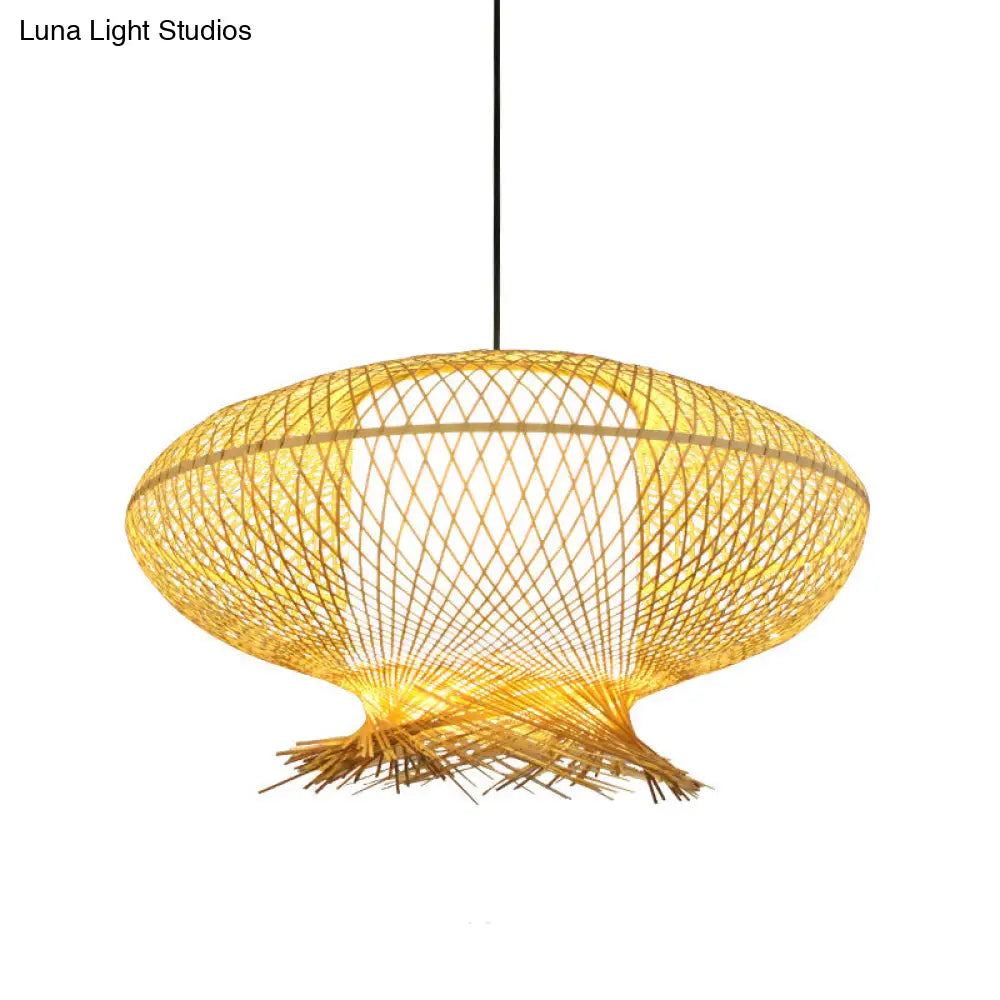 Asia Bamboo Oval Pendant Lamp - Khaki Ceiling Hanging Light With White Inner Cylinder Shade