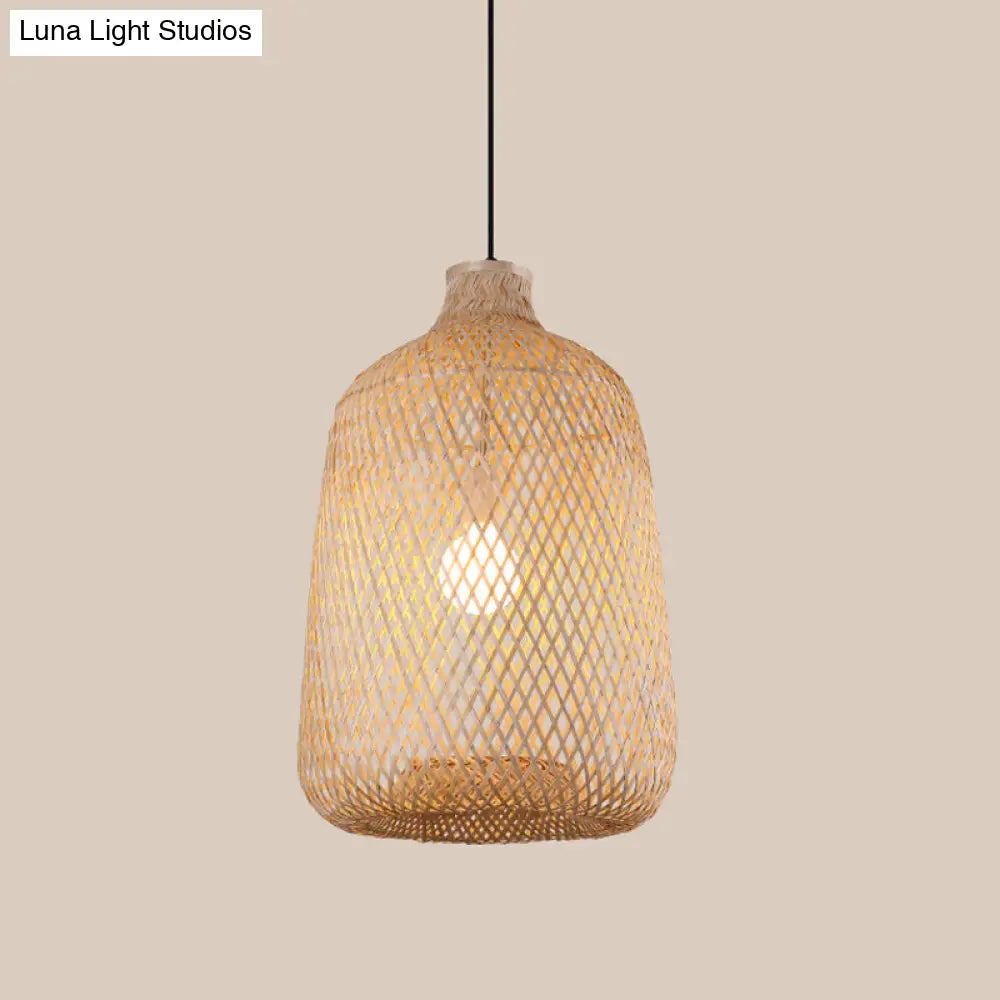 Asia Bamboo Pendant Lamp - 1-Light Beige Suspended Fixture For Dining Room