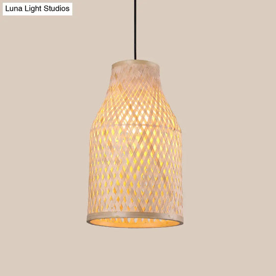 Bamboo Pendant Lamp - 1-Light Beige Suspension Fixture For Dining Room