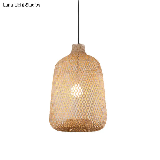 Bamboo Pendant Lamp - 1-Light Beige Suspension Fixture For Dining Room / D