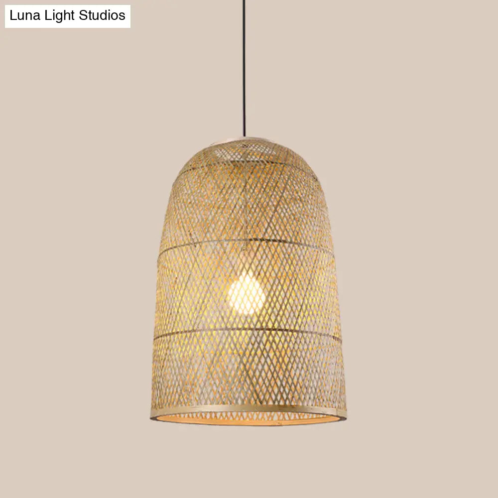 Bamboo Pendant Lamp - 1-Light Beige Suspension Fixture For Dining Room