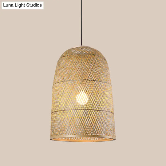 Bamboo Pendant Lamp - 1-Light Beige Suspension Fixture For Dining Room