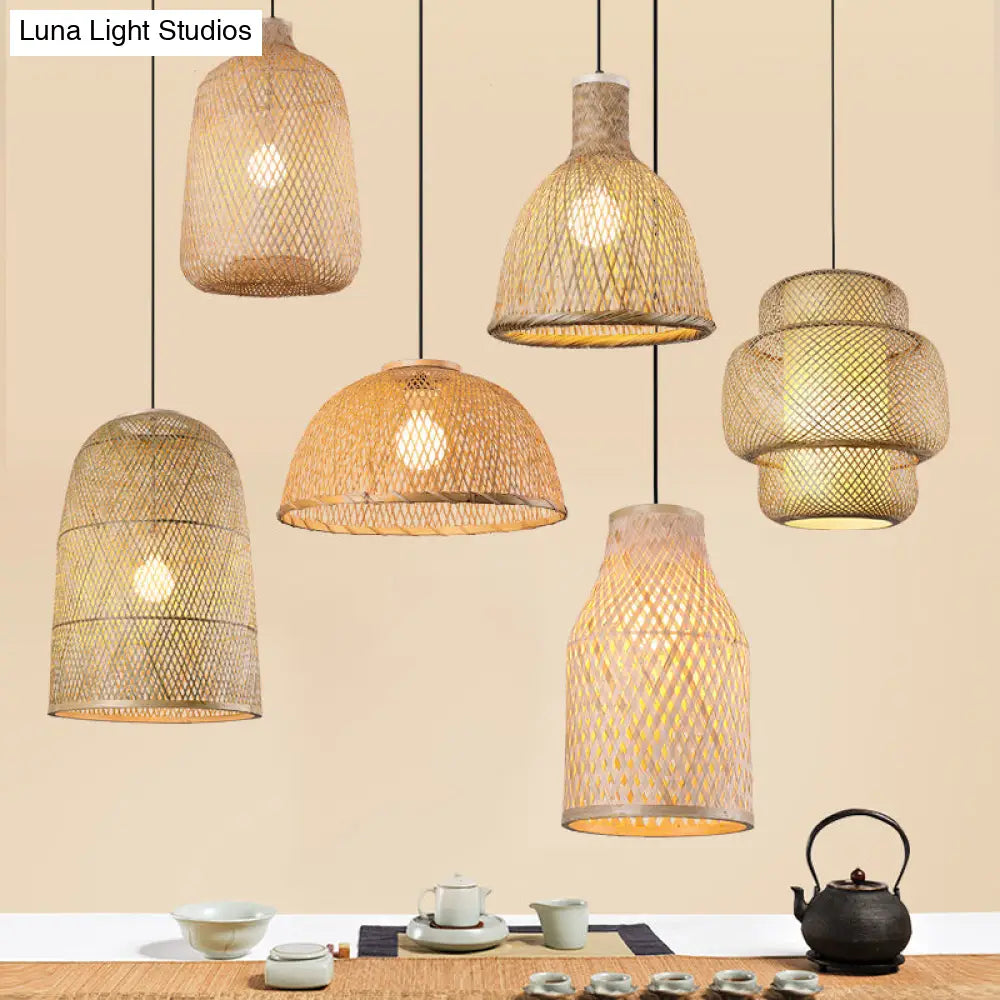 Bamboo Pendant Lamp - 1-Light Beige Suspension Fixture For Dining Room