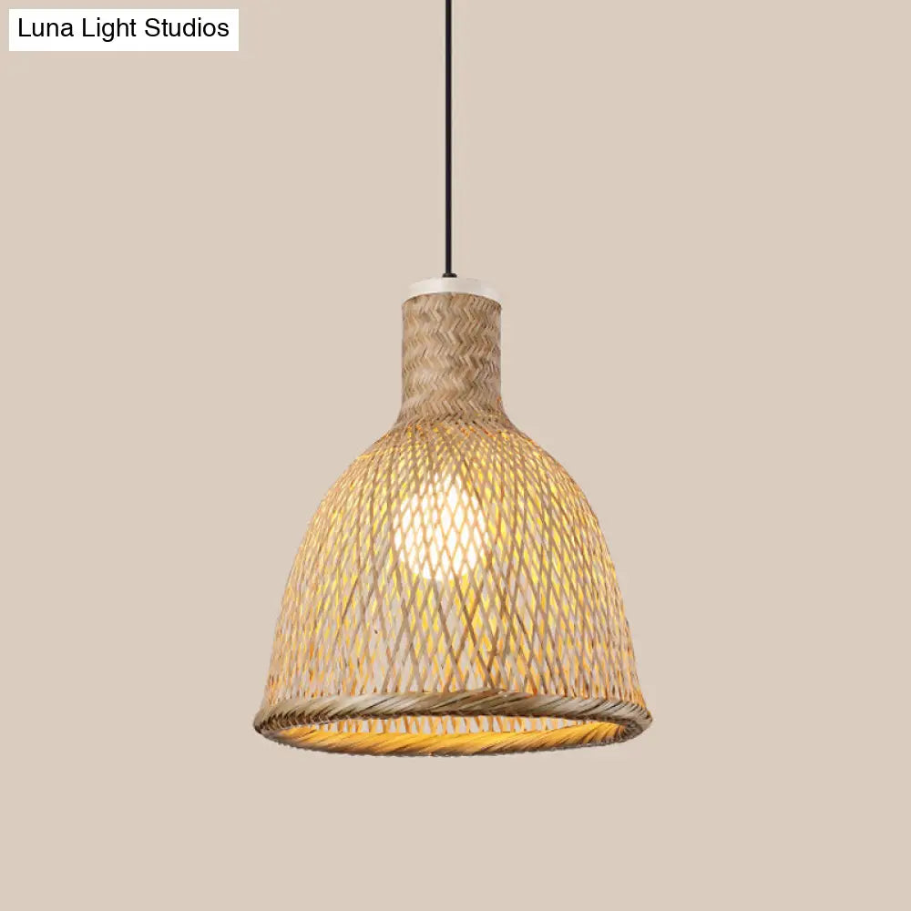 Bamboo Pendant Lamp - 1-Light Beige Suspension Fixture For Dining Room