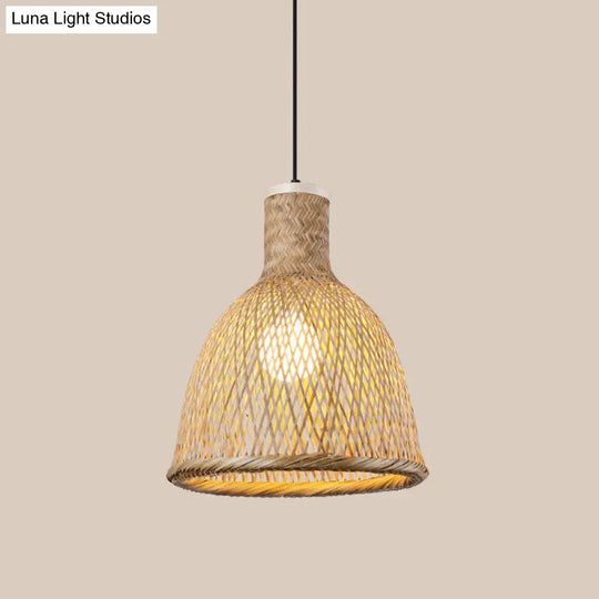 Bamboo Pendant Lamp - 1-Light Beige Suspension Fixture For Dining Room