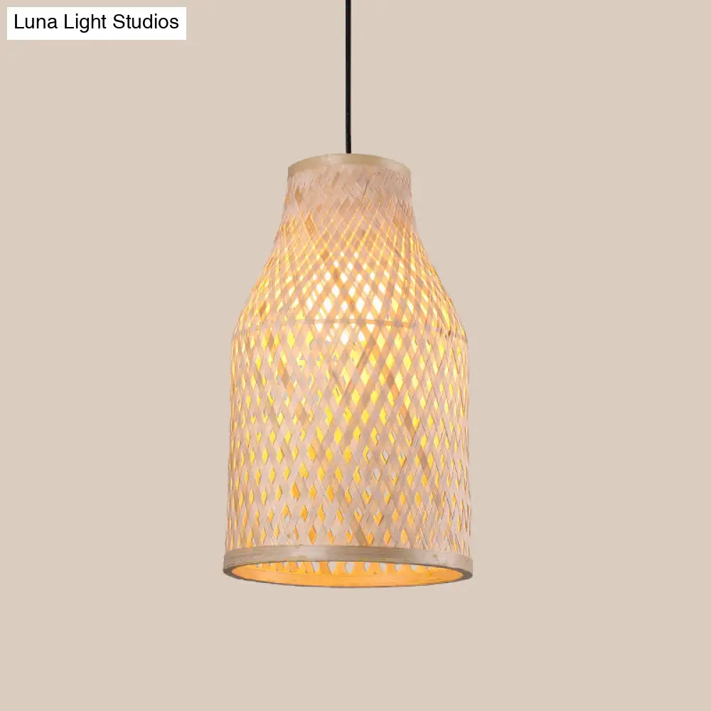 Asia Bamboo Pendant Lamp - 1-Light Beige Suspended Fixture For Dining Room