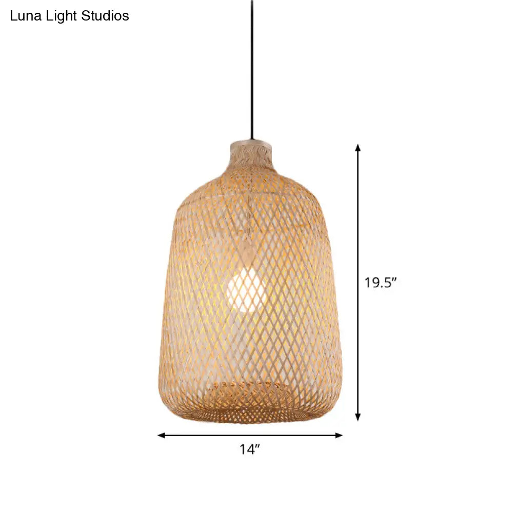 Bamboo Pendant Lamp - 1-Light Beige Suspension Fixture For Dining Room