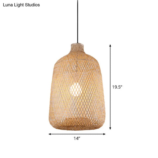 Bamboo Pendant Lamp - 1-Light Beige Suspension Fixture For Dining Room