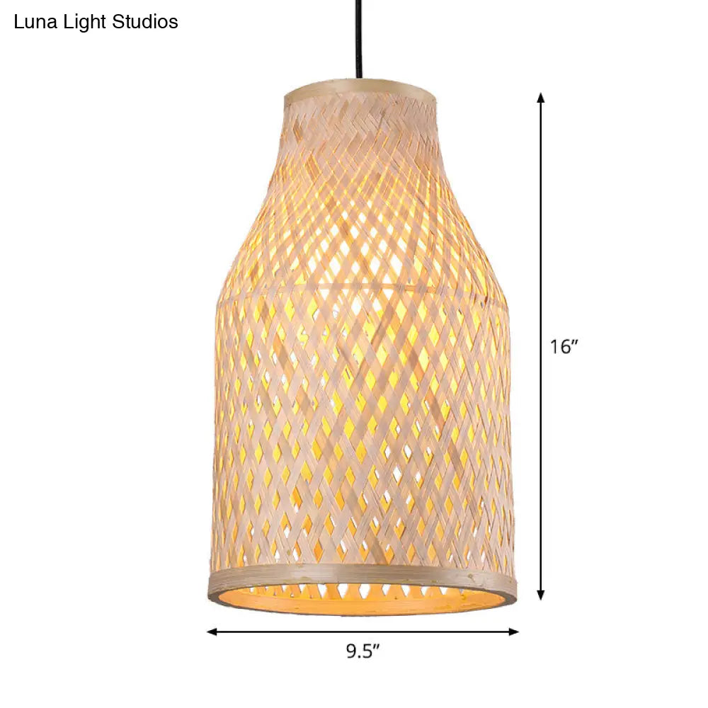 Bamboo Pendant Lamp - 1-Light Beige Suspension Fixture For Dining Room