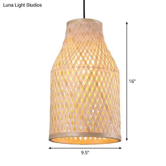 Bamboo Pendant Lamp - 1-Light Beige Suspension Fixture For Dining Room