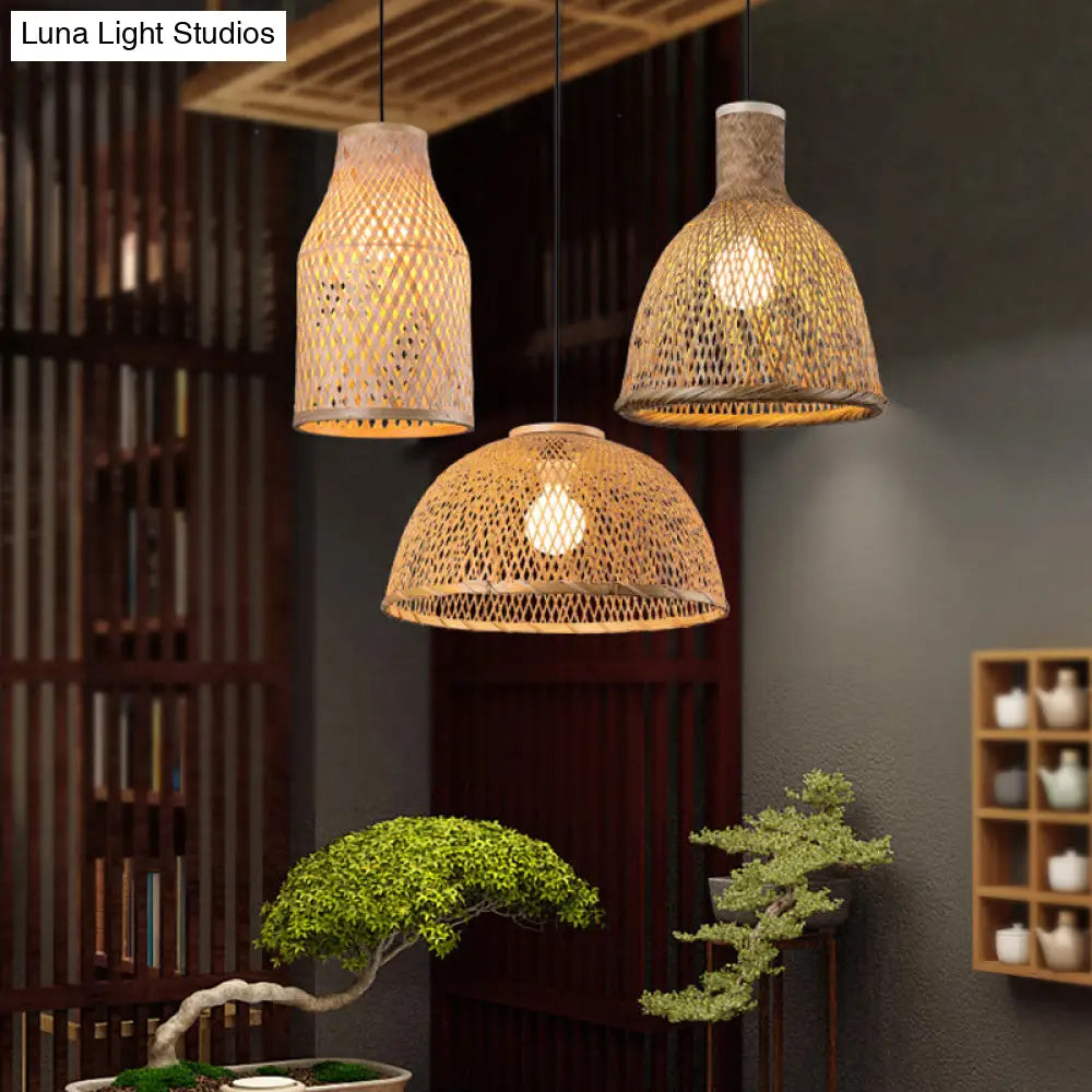 Bamboo Pendant Lamp - 1-Light Beige Suspension Fixture For Dining Room / B