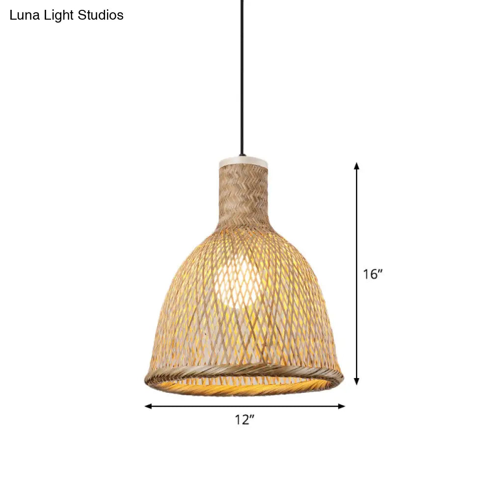 Bamboo Pendant Lamp - 1-Light Beige Suspension Fixture For Dining Room