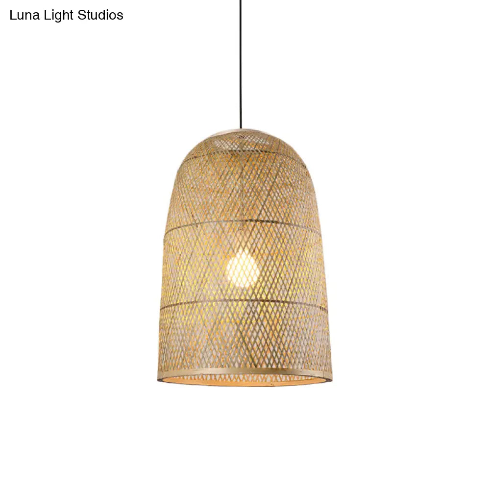 Bamboo Pendant Lamp - 1-Light Beige Suspension Fixture For Dining Room / E