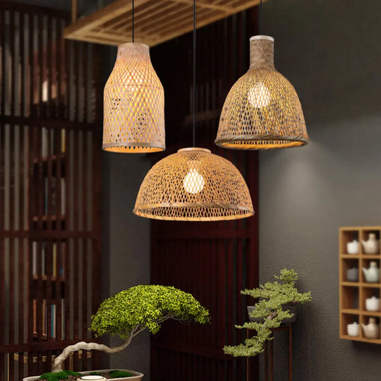 Asia Bamboo Pendant Lamp - 1-Light Beige Suspended Fixture For Dining Room / B