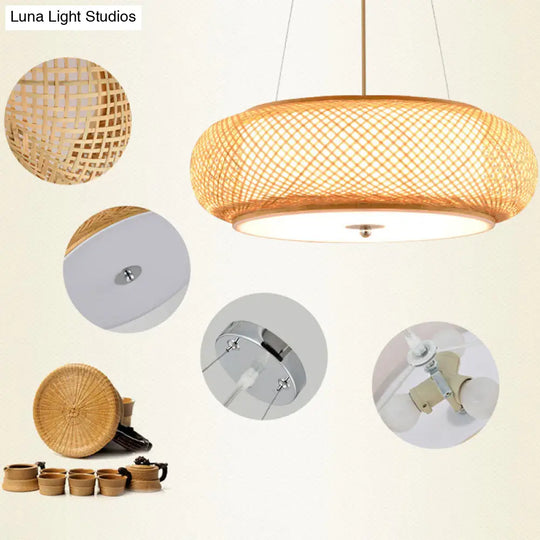 Asia Bamboo Round Hanging Light Fixture - Wood Ceiling Pendant With 1 Bulb For Living Room