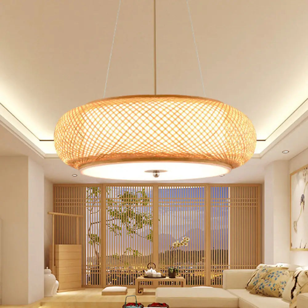 Asia Bamboo Round Hanging Light Fixture - Wood Ceiling Pendant With 1 Bulb For Living Room / 16