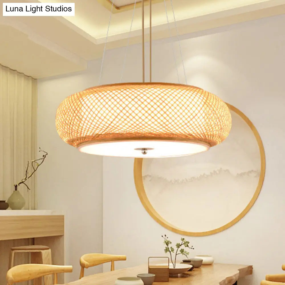 Asia Bamboo Round Hanging Light Fixture - Wood Ceiling Pendant With 1 Bulb For Living Room