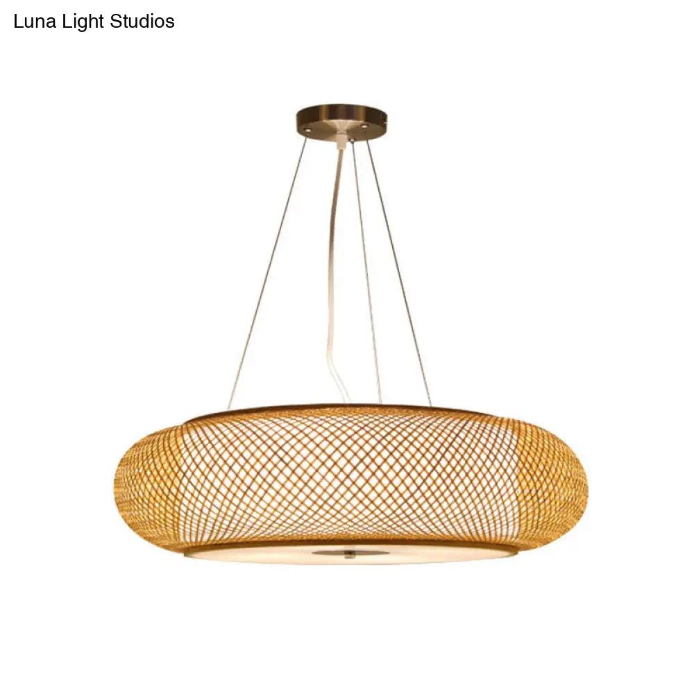 Asia Bamboo Round Hanging Light Fixture - Wood Ceiling Pendant With 1 Bulb For Living Room