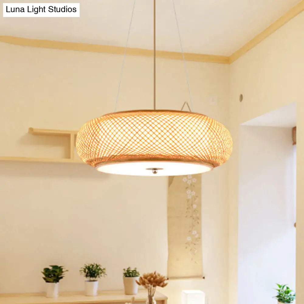 Asia Bamboo Round Hanging Light Fixture - Wood Ceiling Pendant With 1 Bulb For Living Room