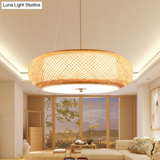 Asia Bamboo Round Hanging Light Fixture - Wood Ceiling Pendant With 1 Bulb For Living Room