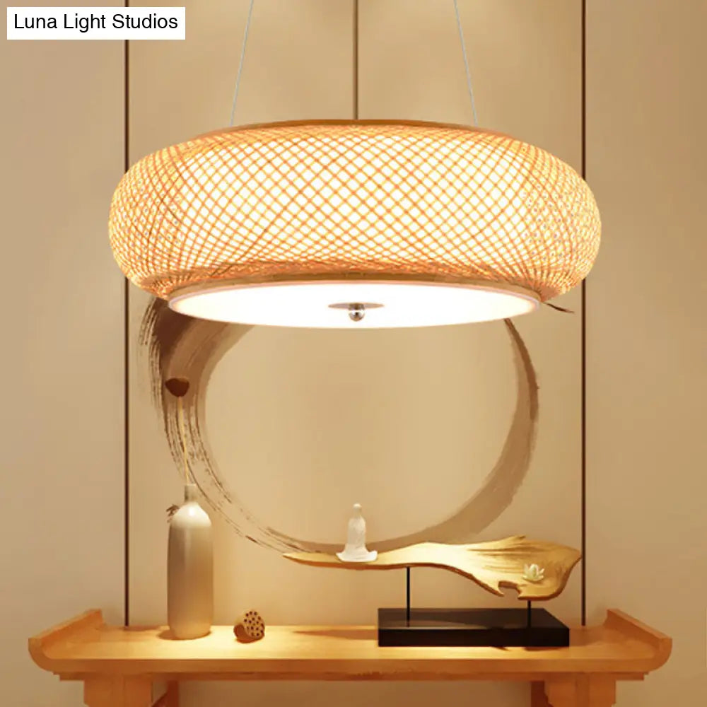 Asia Bamboo Round Hanging Light Fixture - Wood Ceiling Pendant With 1 Bulb For Living Room