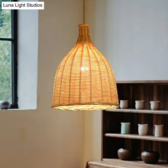 Asia Bamboo Shade Pendant Lamp With Down Lighting - Beige Droplet Design