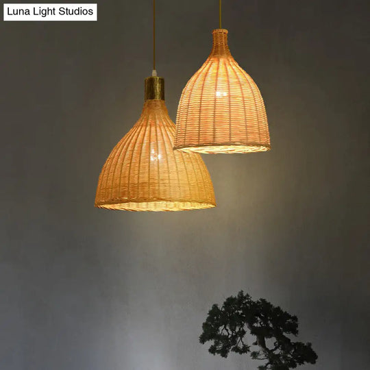 Asia Bamboo Shade Pendant Lamp With Down Lighting - Beige Droplet Design