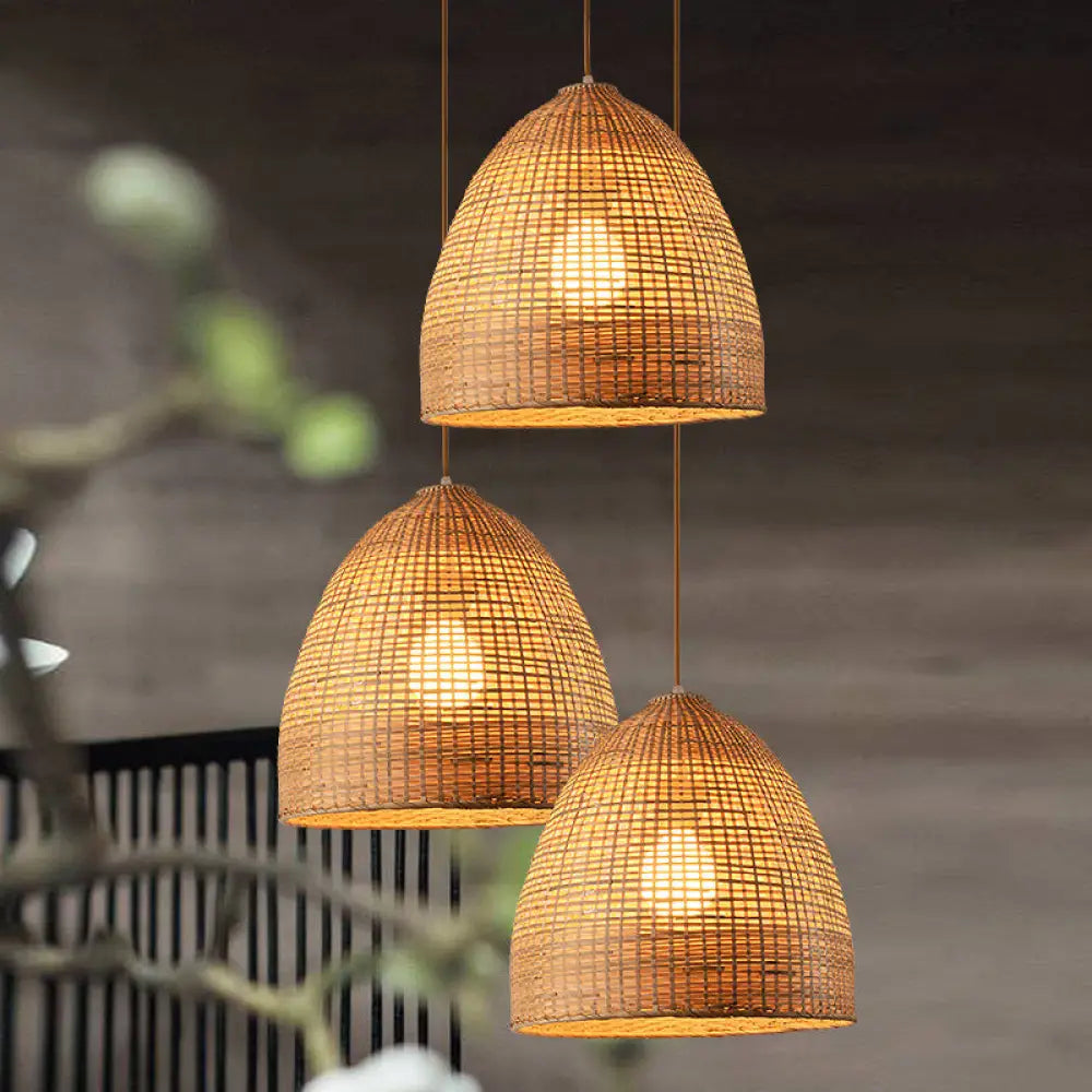 Asia Bamboo Tearoom Pendant Light - Crisscross-Woven Bowl/Oval/Bell Beige 9’/14’/16’ Wide / 16’