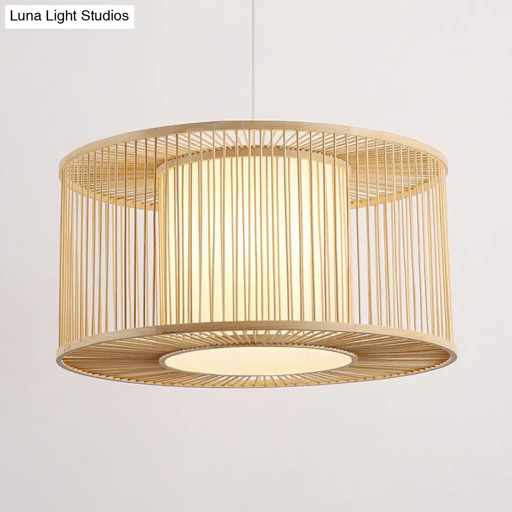 Asia Beige Bamboo Drum Pendant Light For Kitchen Bar - 1-Light Hanging Multiple Sizes Available