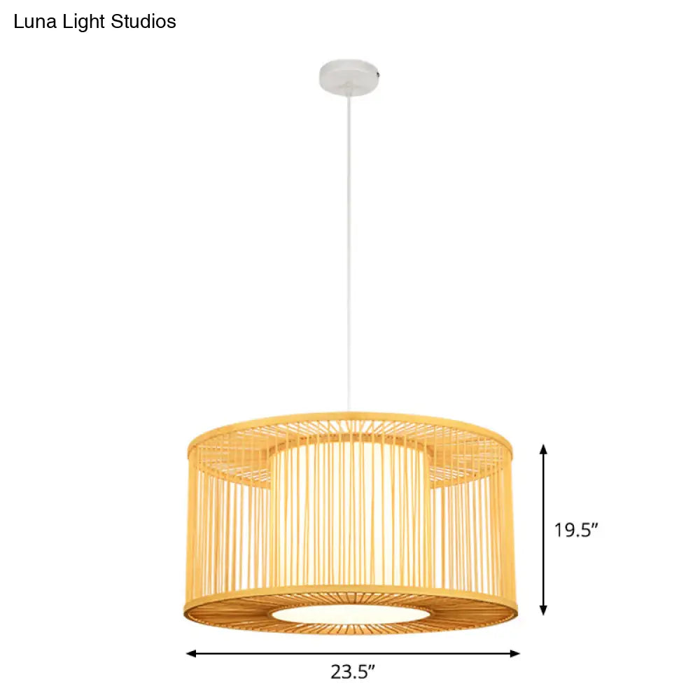 Asia Beige Bamboo Drum Pendant Light For Kitchen Bar - 1-Light Hanging Multiple Sizes Available