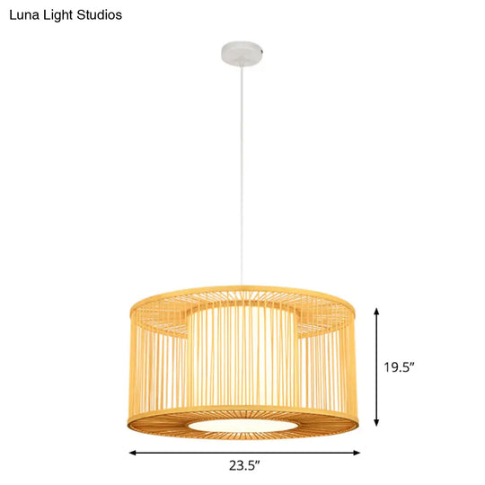 Asia Beige Bamboo Drum Pendant Light For Kitchen Bar - 1-Light Hanging Multiple Sizes Available