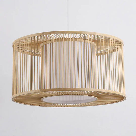 Asia Beige Bamboo Drum Pendant Light For Kitchen Bar - 1-Light Hanging Multiple Sizes Available