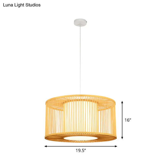 Asia Beige Bamboo Pendant Light For Kitchen Bar - 1-Light Pendulum With Drum Shade Multiple Width