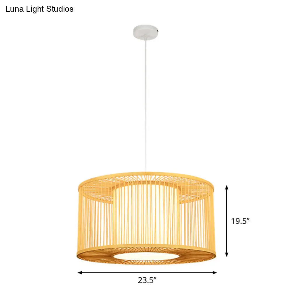 Asia Beige Bamboo Pendant Light For Kitchen Bar - 1-Light Pendulum With Drum Shade Multiple Width